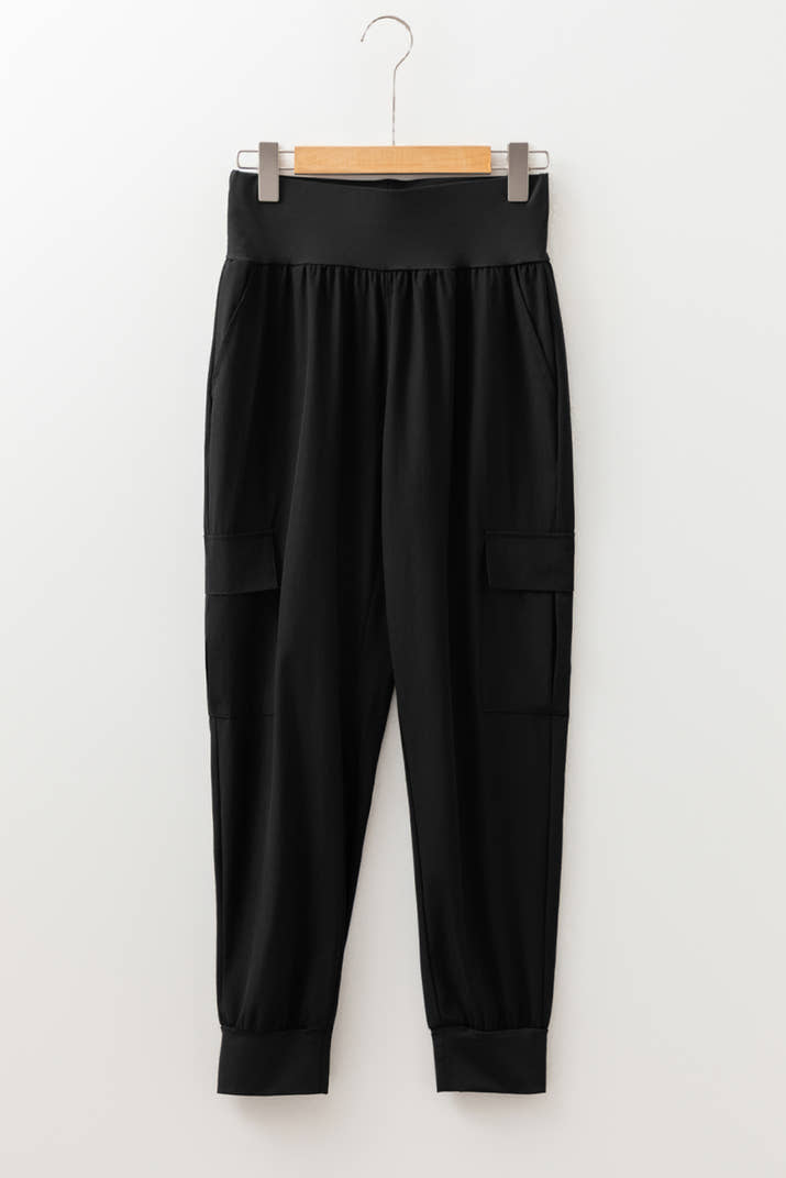 Black Elastic High Waist Pocketed Cargo Jogger Pants