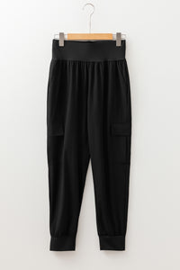 Black Elastic High Waist Pocketed Cargo Jogger Pants