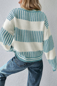 Light Blue Two Tone Striped Patchwork Drop Shoulder Sweater