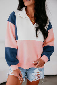 Pink Colorblock Patchwork Half Button Baggy Sweatshirt