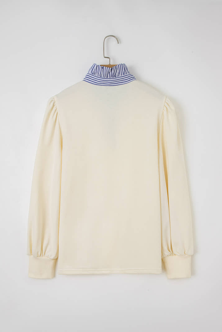 White Striped Ruffle Button Neck Pullover Sweatshirt