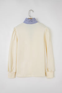 White Striped Ruffle Button Neck Pullover Sweatshirt