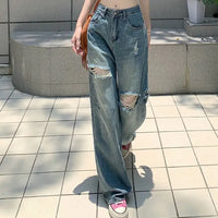 Washed Wide-leg Ripped Jeans Pants