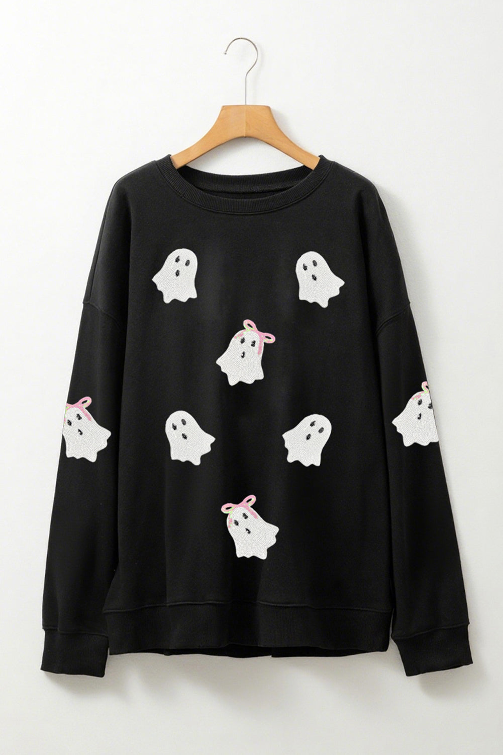 Black Cute Bow Ghost Sequins Patch Graphic Crew Neck Halloween Sweatshirt