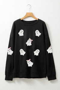 Black Cute Bow Ghost Sequins Patch Graphic Crew Neck Halloween Sweatshirt