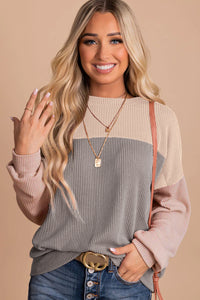 Multicolor Colorblock Ribbed Loose Long Sleeve Top