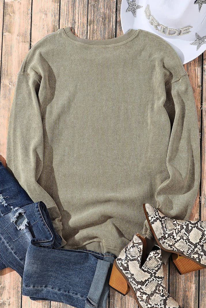 Green Ribbed Round-Neck Drop Sleeve Pullover Sweatshirt