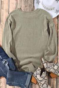 Green Ribbed Round-Neck Drop Sleeve Pullover Sweatshirt