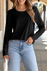 Black  Asymmetric Seam Detail Solid Color Long Sleeve Top