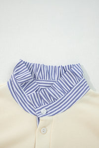 White Striped Ruffle Button Neck Pullover Sweatshirt