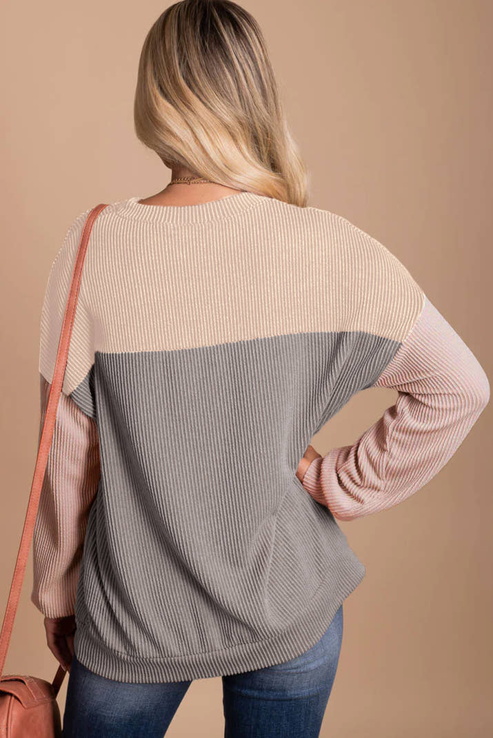 Multicolor Colorblock Ribbed Loose Long Sleeve Top