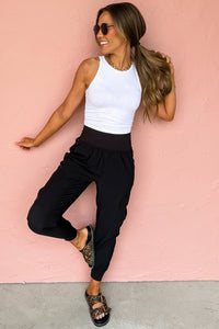 Black Elastic High Waist Pocketed Cargo Jogger Pants