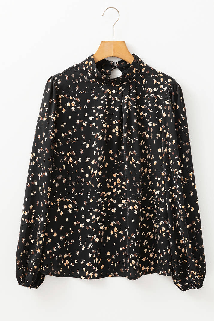 Black Leopard Print Puff Sleeve Mock Neck Pleated Blouse