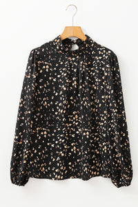 Black Leopard Print Puff Sleeve Mock Neck Pleated Blouse