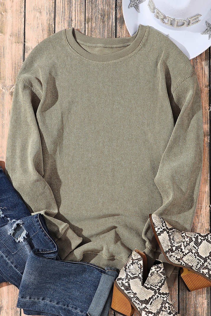 Green Ribbed Round-Neck Drop Sleeve Pullover Sweatshirt