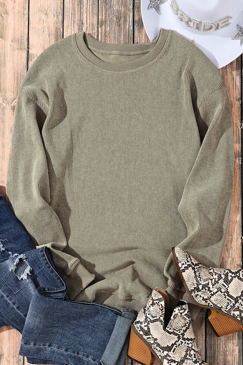 Green Ribbed Round-Neck Drop Sleeve Pullover Sweatshirt