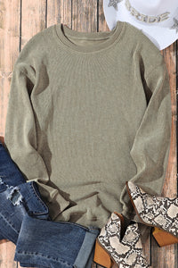 Green Ribbed Round-Neck Drop Sleeve Pullover Sweatshirt