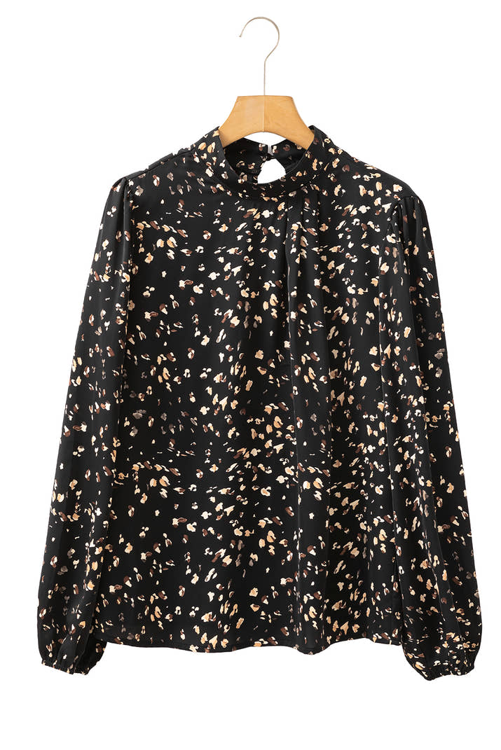 Black Leopard Print Puff Sleeve Mock Neck Pleated Blouse