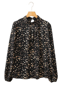 Black Leopard Print Puff Sleeve Mock Neck Pleated Blouse