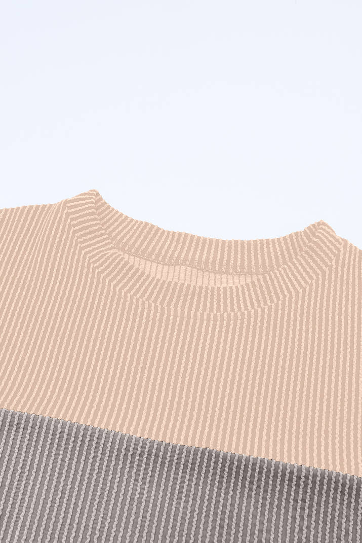 Multicolor Colorblock Ribbed Loose Long Sleeve Top