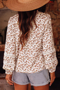 Yellow Printed Floral Print Lace Detail Puff Sleeve Shirt