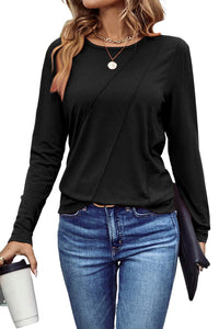 Black  Asymmetric Seam Detail Solid Color Long Sleeve Top