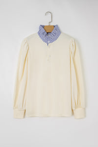 White Striped Ruffle Button Neck Pullover Sweatshirt