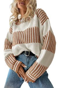 Khaki Two Tone Striped Patchwork Drop Shoulder Sweater