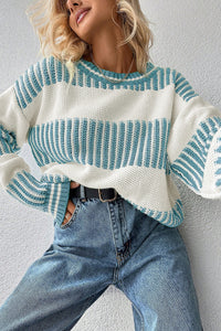 Light Blue Two Tone Striped Patchwork Drop Shoulder Sweater
