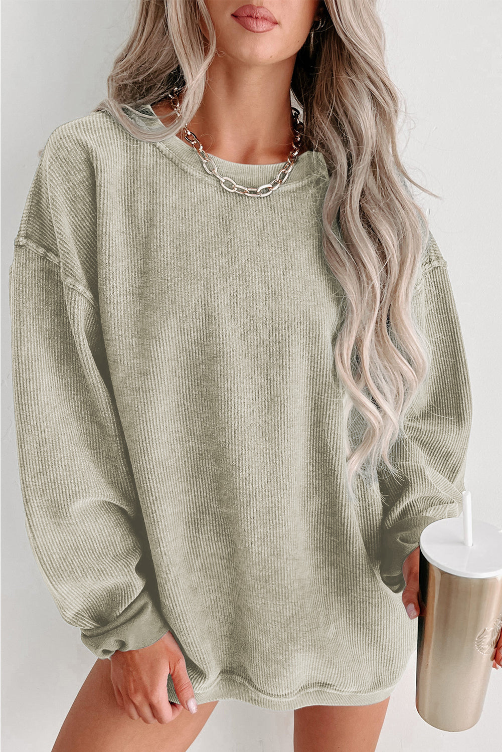 Green Ribbed Round-Neck Drop Sleeve Pullover Sweatshirt